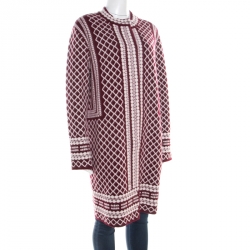 Pre Owned Tory Burch Red and White Patterned Jacquard Merino Wool Long Cardigan M