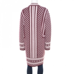 Pre Owned Tory Burch Red and White Patterned Jacquard Merino Wool Long Cardigan M