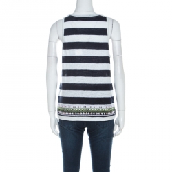 Pre Owned Tory Burch Navy Blue Brushed Stripe Linen Sequined Jackie Tank Top M