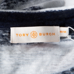 Pre Owned Tory Burch Navy Blue Brushed Stripe Linen Sequined Jackie Tank Top M