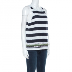 Pre Owned Tory Burch Navy Blue Brushed Stripe Linen Sequined Jackie Tank Top M