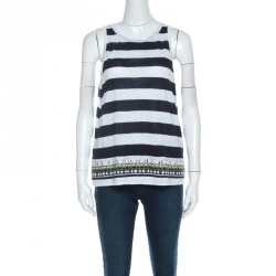 Pre Owned Tory Burch Navy Blue Brushed Stripe Linen Sequined Jackie Tank Top M