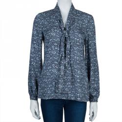 Pre Owned Tory Burch Blue Floral Printed Silk Long Sleeve Nicki Bow Blouse S