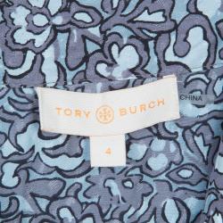 Pre Owned Tory Burch Blue Floral Printed Silk Long Sleeve Nicki Bow Blouse S