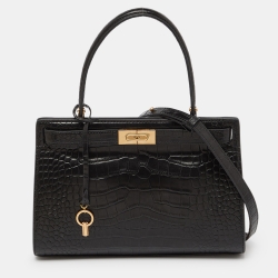 Tory Burch Black Croc Embossed Leather and Suede Small Lee Radziwill Bag