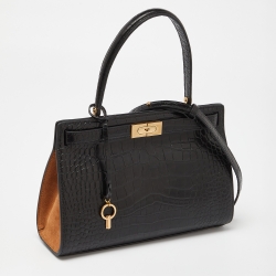 Tory Burch Black Croc Embossed Leather and Suede Small Lee Radziwill Bag
