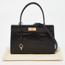 Tory Burch Black Croc Embossed Leather and Suede Small Lee Radziwill Bag