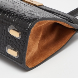 Tory Burch Black Croc Embossed Leather and Suede Small Lee Radziwill Bag