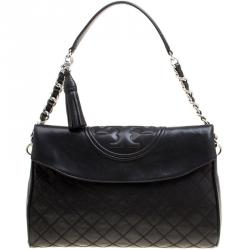Pre Owned Tory Burch Black Distressed Leather Fleming Fold Over Hobo