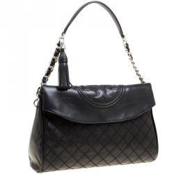 Pre Owned Tory Burch Black Distressed Leather Fleming Fold Over Hobo