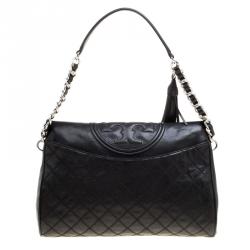 Pre Owned Tory Burch Black Distressed Leather Fleming Fold Over Hobo