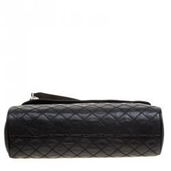 Pre Owned Tory Burch Black Distressed Leather Fleming Fold Over Hobo