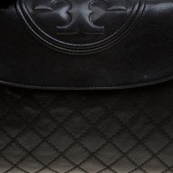 Pre Owned Tory Burch Black Distressed Leather Fleming Fold Over Hobo
