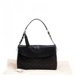 Pre Owned Tory Burch Black Distressed Leather Fleming Fold Over Hobo