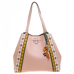 Pre Owned Tory Burch Salt Pink Leather Patchwork MCGraw Shopper Tote