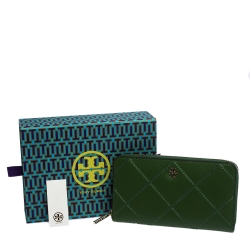 مملوكة مسبقًا محفظة توري برش روبينسون جلد أخضر بسحاب محيط مطرز