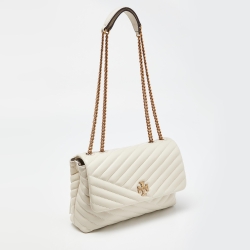 Pre Owned Tory Burch Off White  Chevron Leather Kira Flap Shoulder Bag
