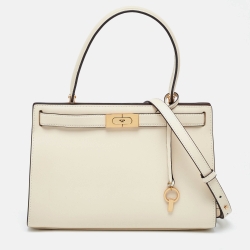 Pre Owned Tory Burch Cream Leather Small Lee Radziwill Top Handle Bag