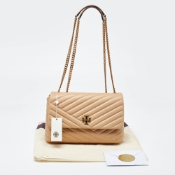 Pre Owned Tory Burch Beige Chevron Leather Kira Shoulder Bag