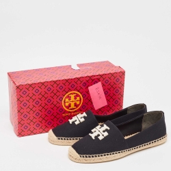 Pre Owned Tory Burch Black/White Canvas Slip On Espadrille Flats Size 41