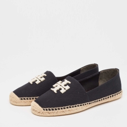 Pre Owned Tory Burch Black/White Canvas Slip On Espadrille Flats Size 41