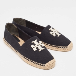 Pre Owned Tory Burch Black/White Canvas Slip On Espadrille Flats Size 41