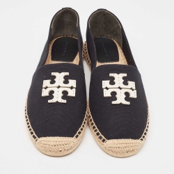 Pre Owned Tory Burch Black/White Canvas Slip On Espadrille Flats Size 41