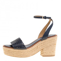 Pre Owned Tory Burch Navy Blue Laser Cut Leather Roselle Espadrille Platform Sandals Size 40