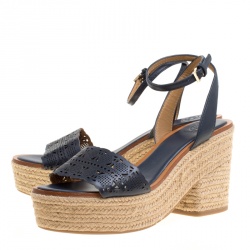 Pre Owned Tory Burch Navy Blue Laser Cut Leather Roselle Espadrille Platform Sandals Size 40