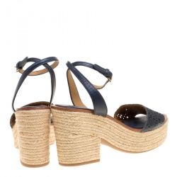 Pre Owned Tory Burch Navy Blue Laser Cut Leather Roselle Espadrille Platform Sandals Size 40