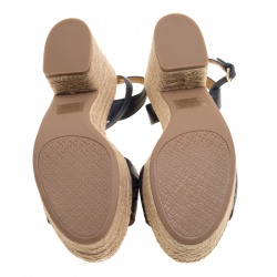 Pre Owned Tory Burch Navy Blue Laser Cut Leather Roselle Espadrille Platform Sandals Size 40