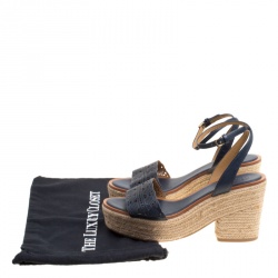 Pre Owned Tory Burch Navy Blue Laser Cut Leather Roselle Espadrille Platform Sandals Size 40