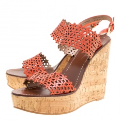 Pre Owned صندل توري برش نعل روكي فيلين ديزي جلد مخرم أحمر وردي مقاس 38.5