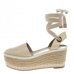 Pre Owned Tory Burch Beige Leather Dandy Ankle Wrap Espadrille Wedge Sandals Size 39.5