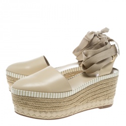 Pre Owned Tory Burch Beige Leather Dandy Ankle Wrap Espadrille Wedge Sandals Size 39.5