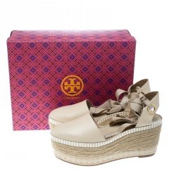 Pre Owned Tory Burch Beige Leather Dandy Ankle Wrap Espadrille Wedge Sandals Size 39.5