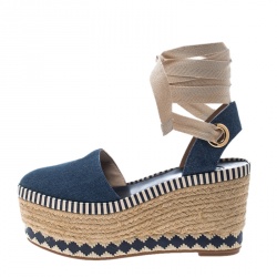 مملوكة مسبقًا صندل إسبادريل توري برش دانكي دنيم أزرق بحزام للكاحل كعب روكي إسبادريل مقاس 40