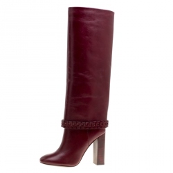 Pre Owned Tory Burch Burgundy Leather Sarava Braid Detail Knee Boots Size 37