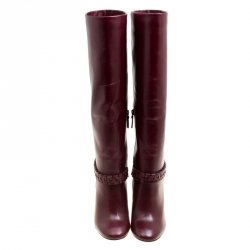 Pre Owned Tory Burch Burgundy Leather Sarava Braid Detail Knee Boots Size 37
