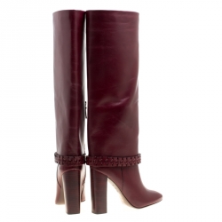 Pre Owned Tory Burch Burgundy Leather Sarava Braid Detail Knee Boots Size 37