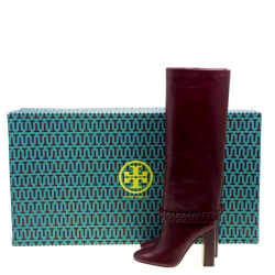 Pre Owned Tory Burch Burgundy Leather Sarava Braid Detail Knee Boots Size 37
