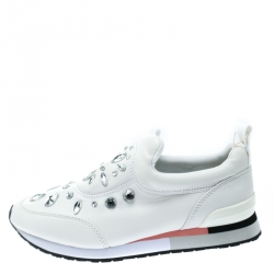 مملوكة مسبقًا Tory Burch White Leather Laney Crystal Embellished Slip On Sneakers Size 38