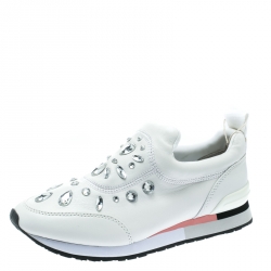 مملوكة مسبقًا Tory Burch White Leather Laney Crystal Embellished Slip On Sneakers Size 38