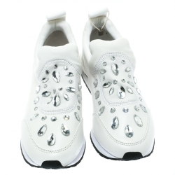 مملوكة مسبقًا Tory Burch White Leather Laney Crystal Embellished Slip On Sneakers Size 38