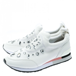 مملوكة مسبقًا Tory Burch White Leather Laney Crystal Embellished Slip On Sneakers Size 38
