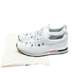مملوكة مسبقًا Tory Burch White Leather Laney Crystal Embellished Slip On Sneakers Size 38