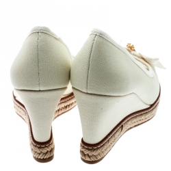 مملوكة مسبقًا Tory Burch Ivory Canvas Jackie Espadrille Wedge Pumps Size 39.5