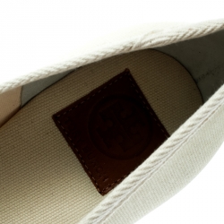 Pre Owned Tory Burch Ivory Canvas Jackie  Espadrille Wedge Pumps Size 37