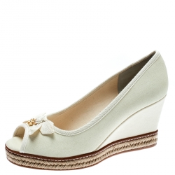 Pre Owned Tory Burch Ivory Canvas Jackie  Espadrille Wedge Pumps Size 37