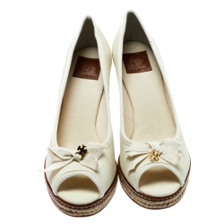 Pre Owned Tory Burch Ivory Canvas Jackie  Espadrille Wedge Pumps Size 37